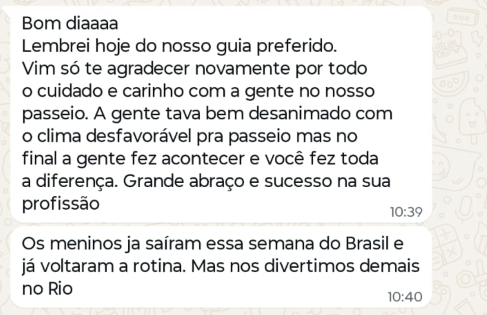 Mensagem de WhatsApp da cliente Alany agradecendo pelo cuidado e carinho no passeio, mesmo com o clima desfavorável